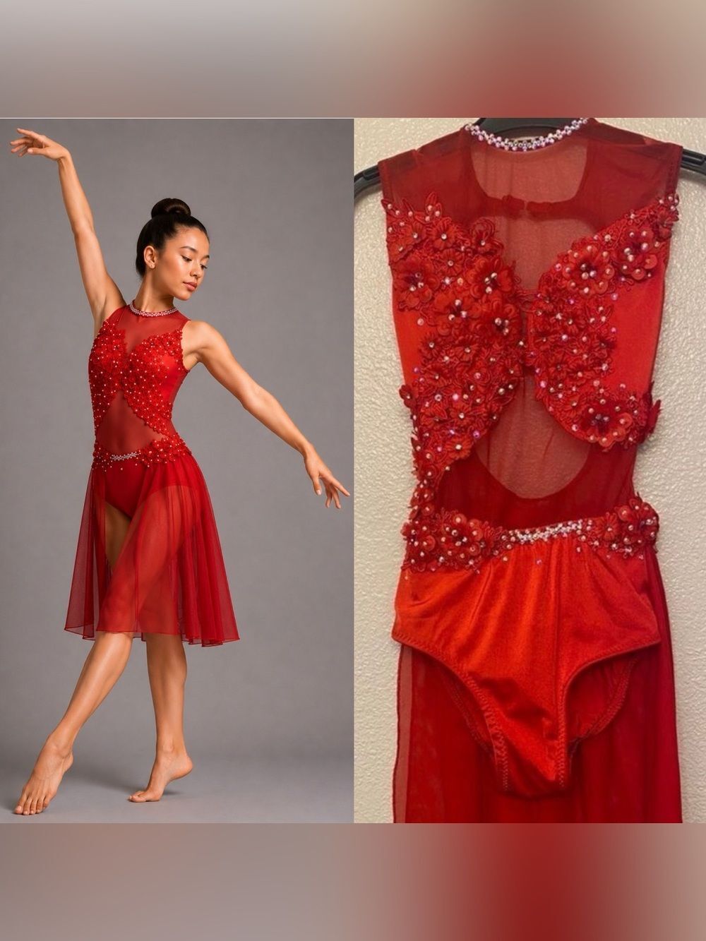 Competition Custom solo dance costume red mesh rhinestone illusion lyrical SA
